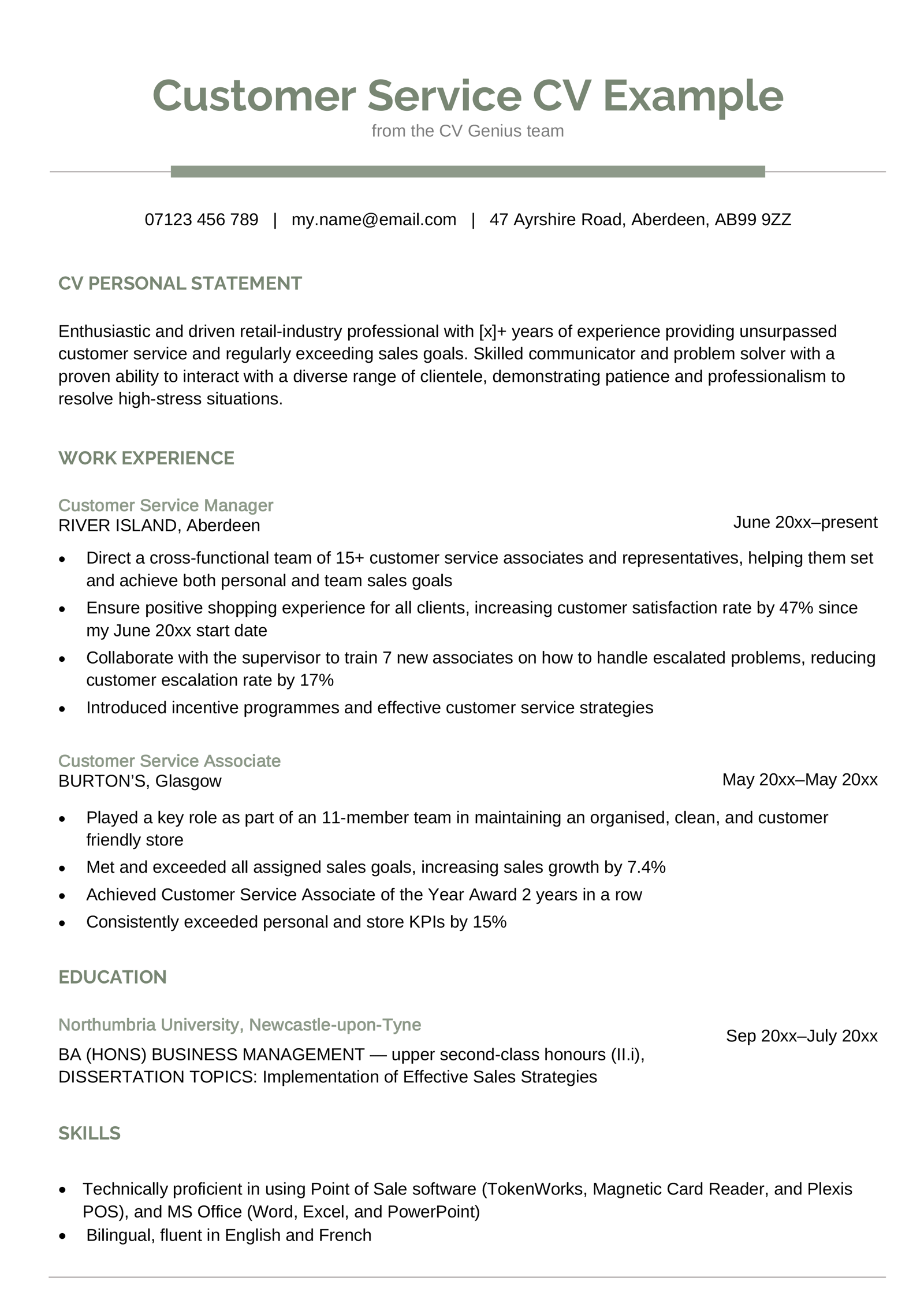 A simple CV template example in light green for a customer service role that applicants can look at to understand how to fill in a professional CV template. 