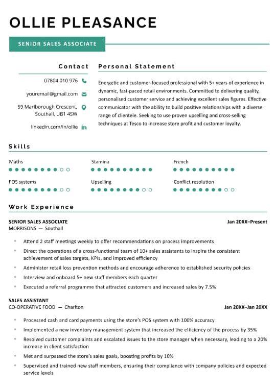 A green CV generated by a CV builder that begins with a personal statement, then describes the candidate’s skills and work history.