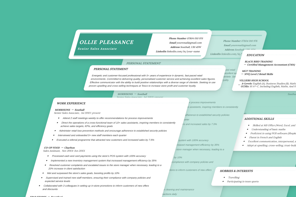 A CV template made by a job seeker named Ollie Pleasance who uses a green CV design which is broken down into sections.