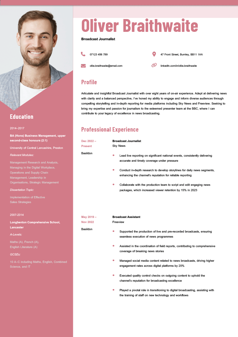 A CV template with a large photo in an asymmetrical frame on the left side of the page in a pink column.
