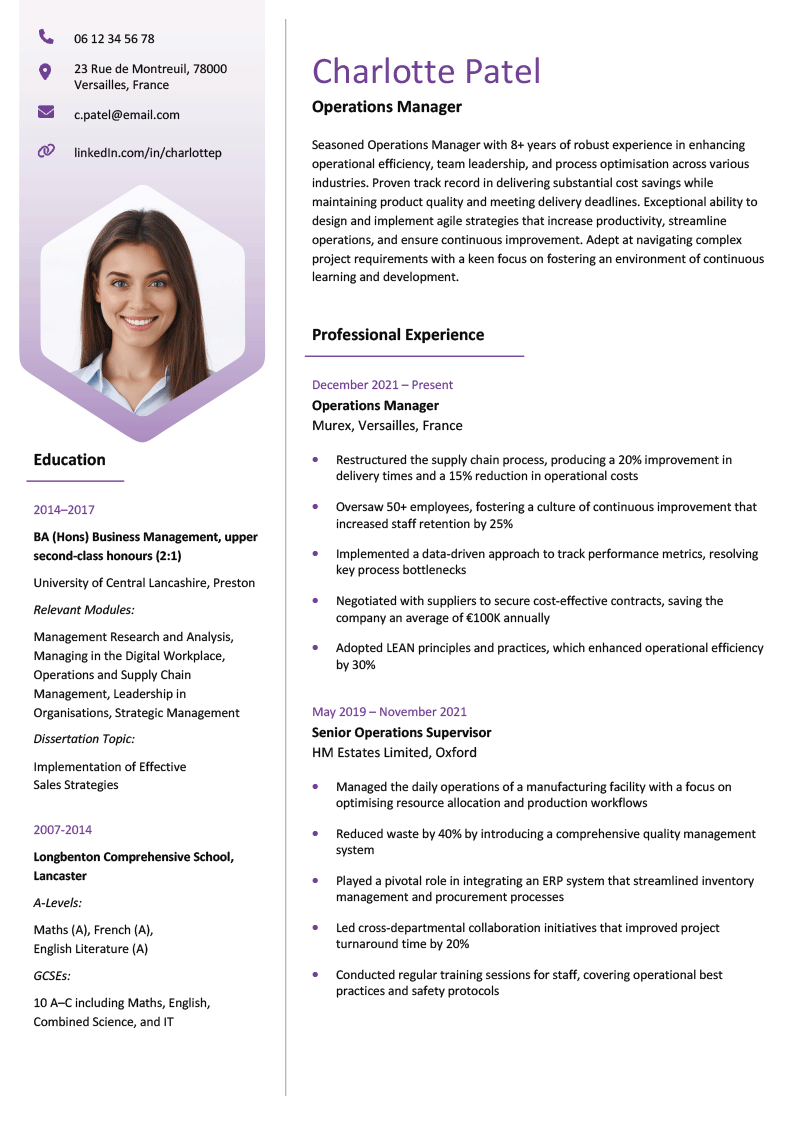 A CV template with a photo on the left side and a violet colour theme