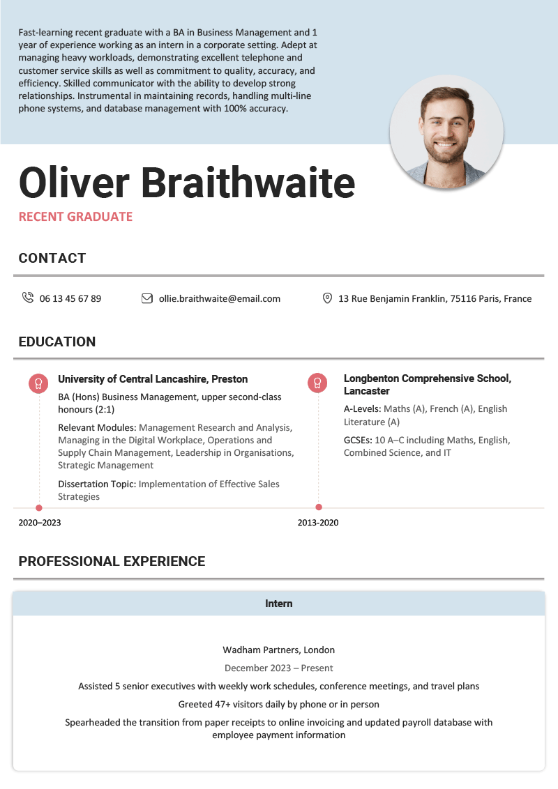 A CV template with a photo on the right side in a round frame.