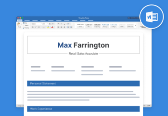 A blue CV Template for Word shown in Microsoft Word with the round Word logo in the top-right corner.
