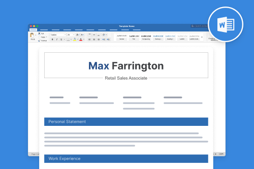 A blue CV Template for Word shown in Microsoft Word with the round Word logo in the top-right corner.