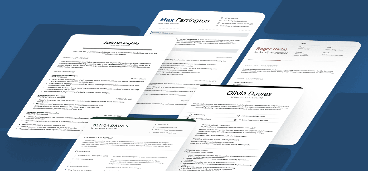 Five CV templates are arranged in an aesthetically pleasing way. Each one has a simple and basic design.