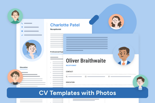 Two CV templates with photos on a blue background.