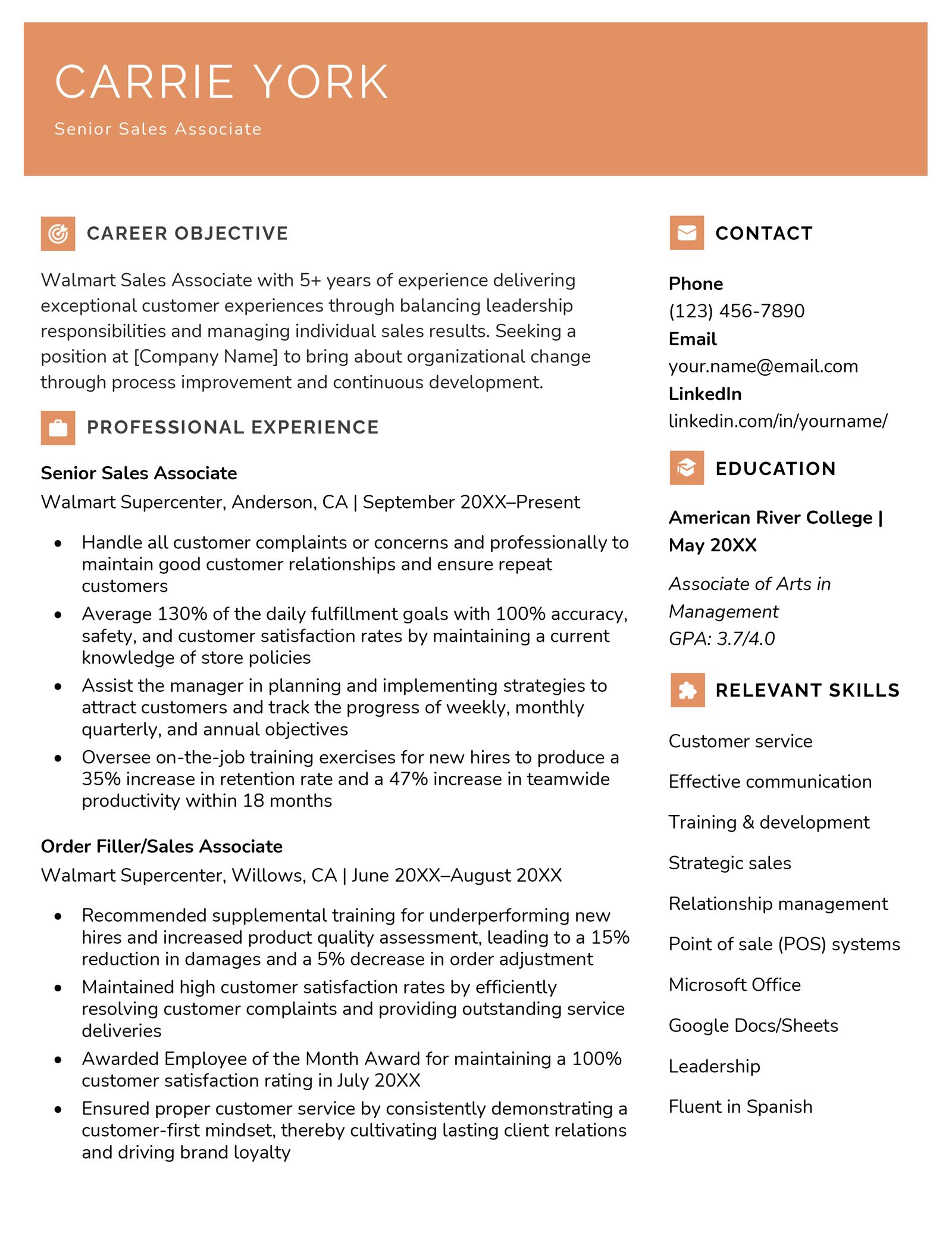 A resume example to use when comparing a resume to a CV.