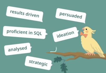 A parrot on a tree branch with examples of useful CV words around it