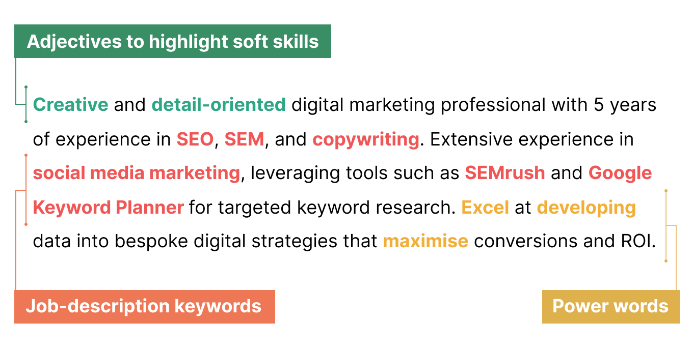 A personal statement with examples of the three types of CV words bolded and highlighted in green, orange, and yellow.