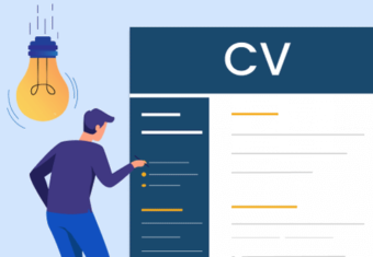 A cartoon of a man with a lightbulb over his head pointing at a CV to illustrate CV writing tips