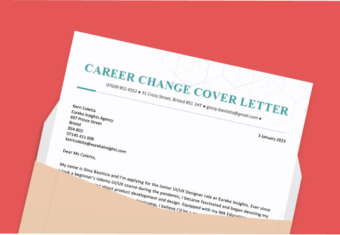 A career change cover letter in an envelope with some green leaves on the left and a pencil on the right
