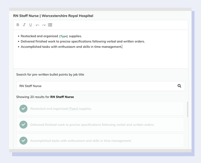 Screenshot of the CV Genius CV Maker showing prewritten prompts