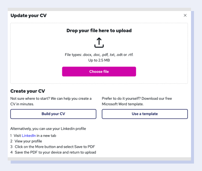 A screenshot of a panel on Reed showing an upload CV button and the option to build your CV using the site.