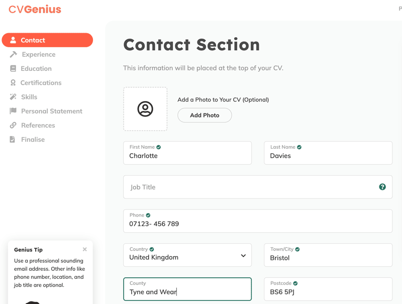 The contact section interface of the CV Genius CV helper, where users can fill in their name, address, postal code, and more.