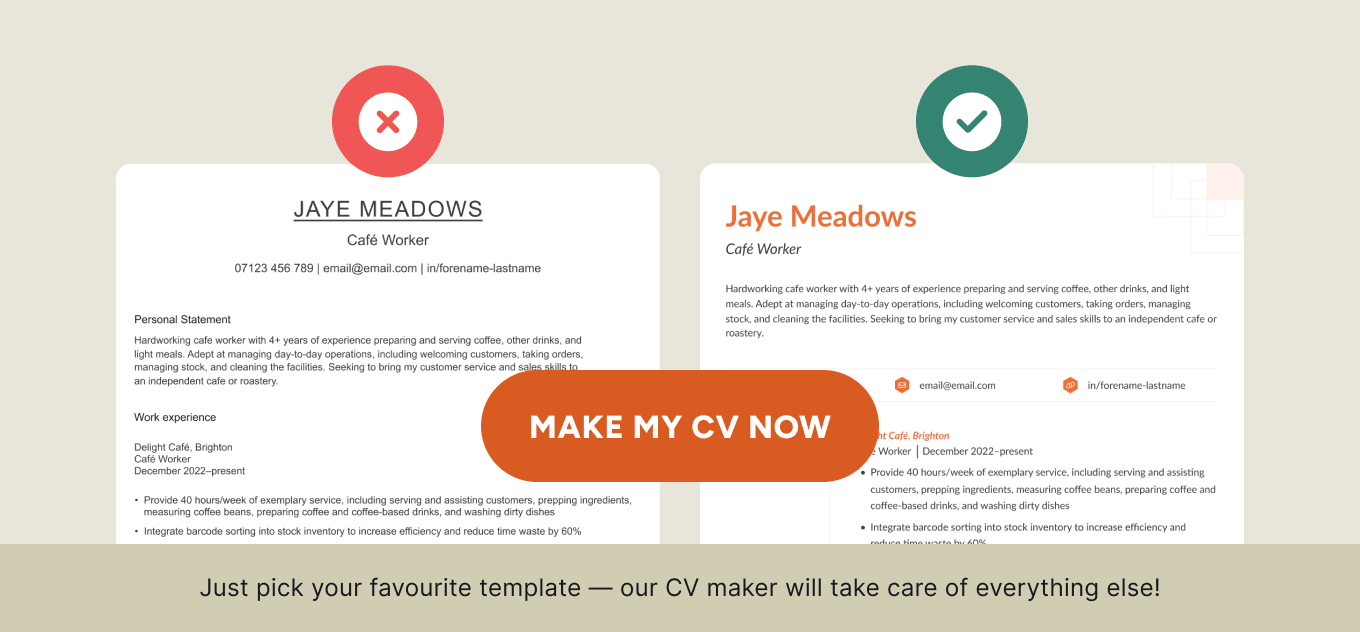 A comparison between a dull CV and an eye-catching CV, with a button that leads to the CV Genius CV maker.