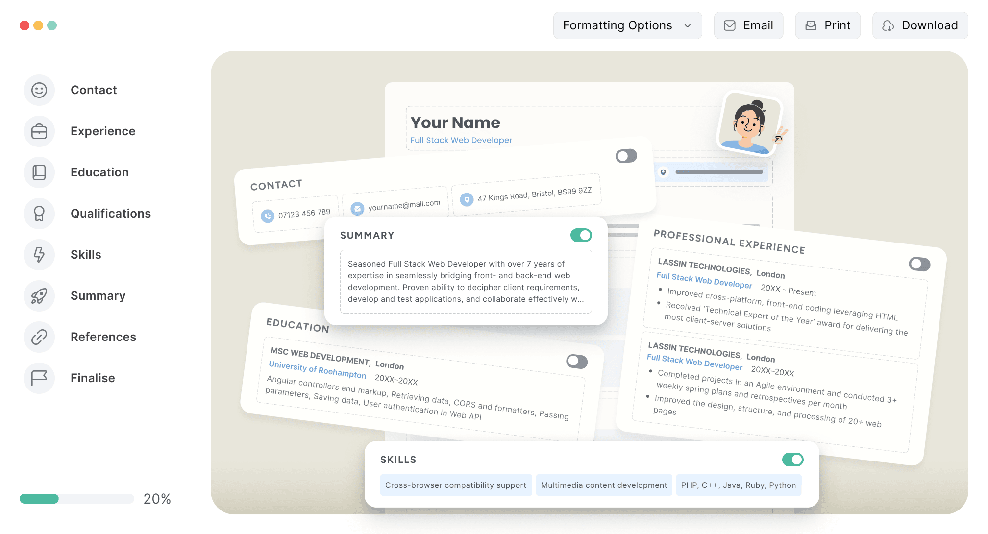 A resume builder interface from CV Genius.