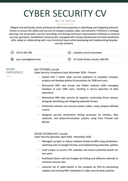 A cyber security CV example in a green-themed template.