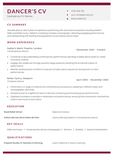 The first page of a dancer's CV.