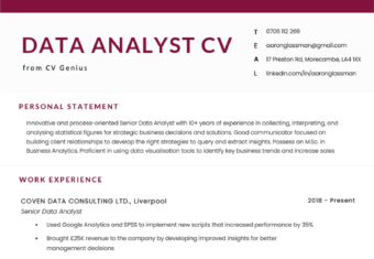 A data analyst CV example in a red-themed template.
