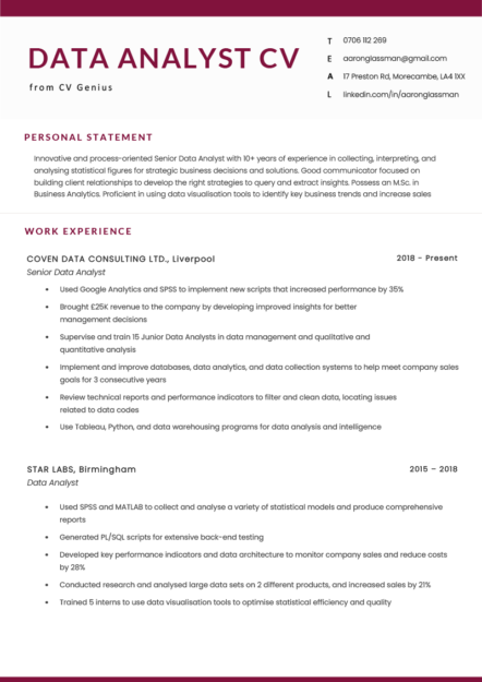 A data analyst CV example in a red-themed template.