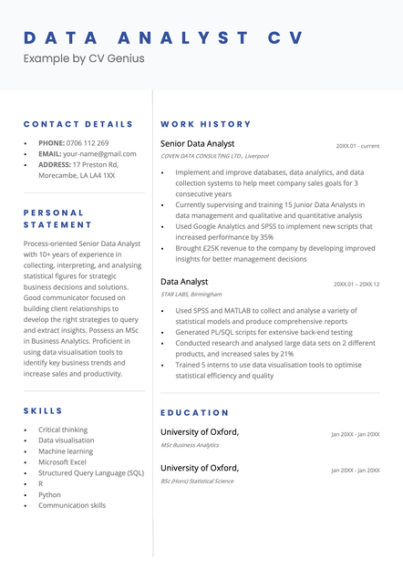 A data analyst CV example using the Bangor CV template