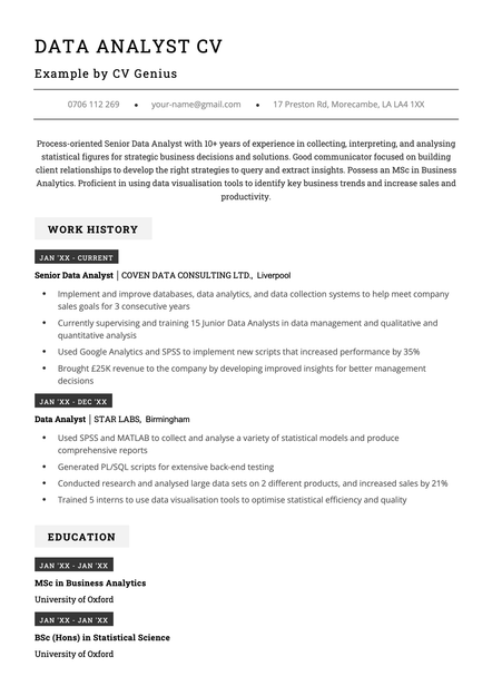 A data analyst CV example using the Canterbury