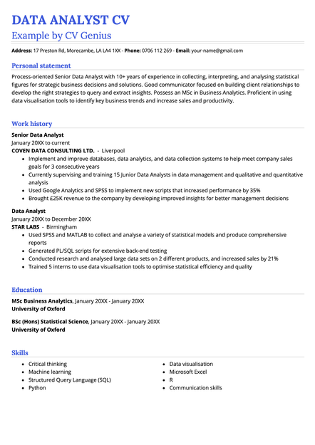 A data analyst CV example using the Cardiff CV template