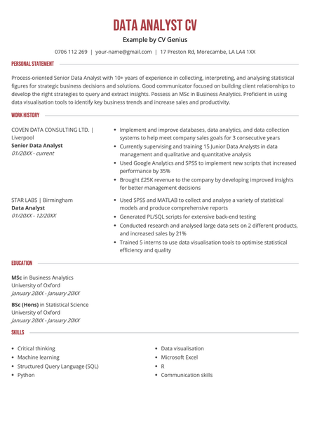A data analyst CV example using the Chichester CV template