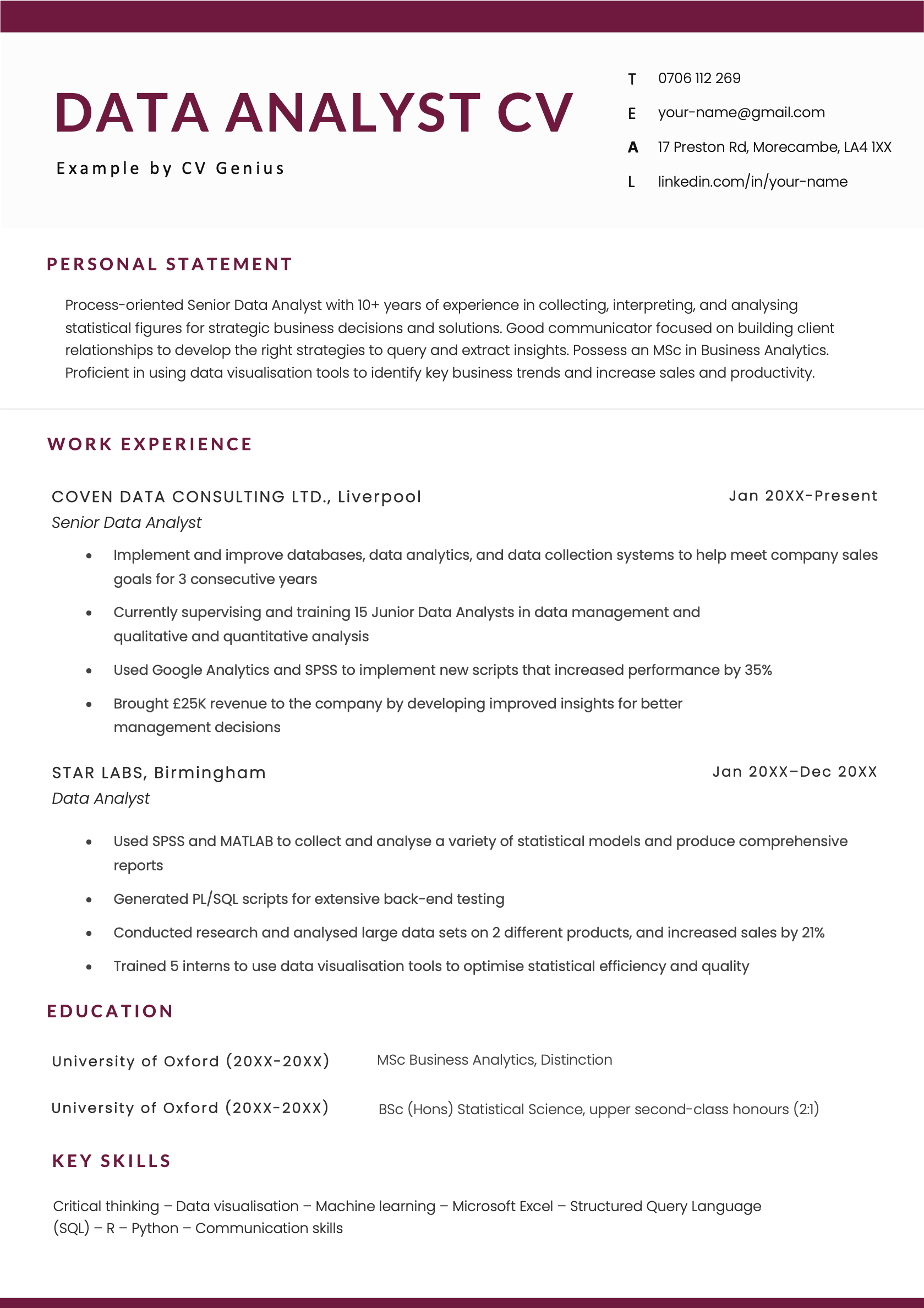 A data analyst CV example in a red-themed template.