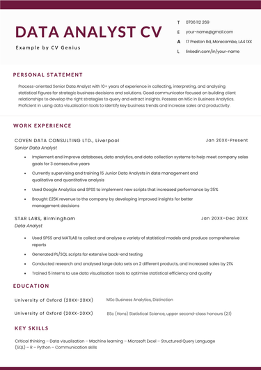 A data analyst CV example in a red-themed template.