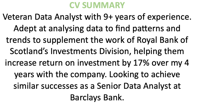 A CV summary for a data analyst with a light green title.