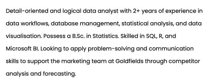 A personal statement on a data analyst CV with CV adjectives, job-relevant qualifications, and the target company written in black text on a white background.