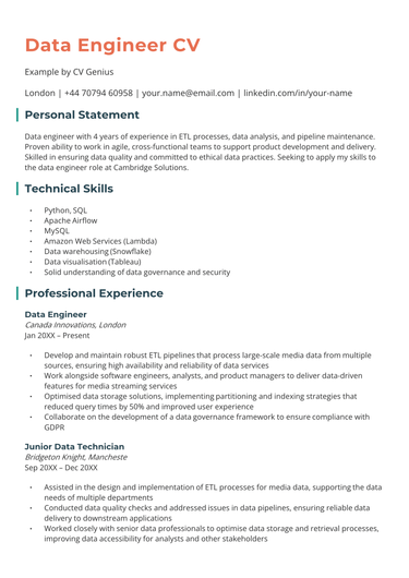 The first page of a Data Engineer CV.