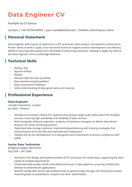 The first page of a Data Engineer CV.