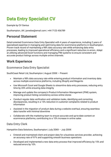 The first page of a data entry CV example.