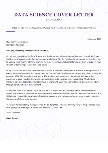 A data science cover letter example for UK job seekers.
