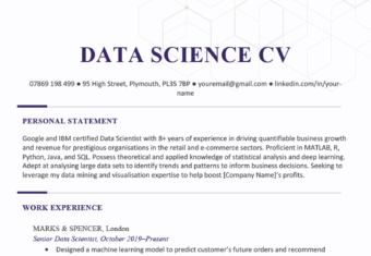 The first page of a data science CV example with subtle geometric designs in the header and footer and sections for the applicant's contact information, personal statement, and work experience.