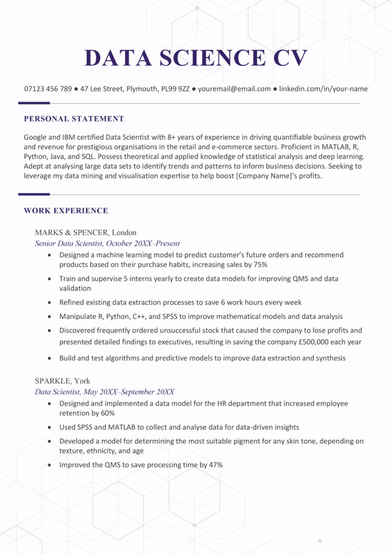 Data Science CV Example UK Template Free Download 