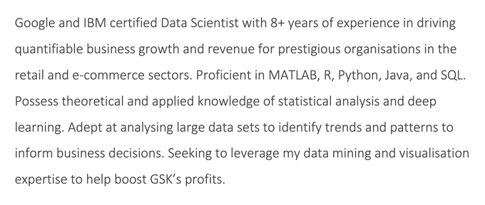 An image of a data science CV's personal statement that describes the applicant's technical skills and experience in five sentences