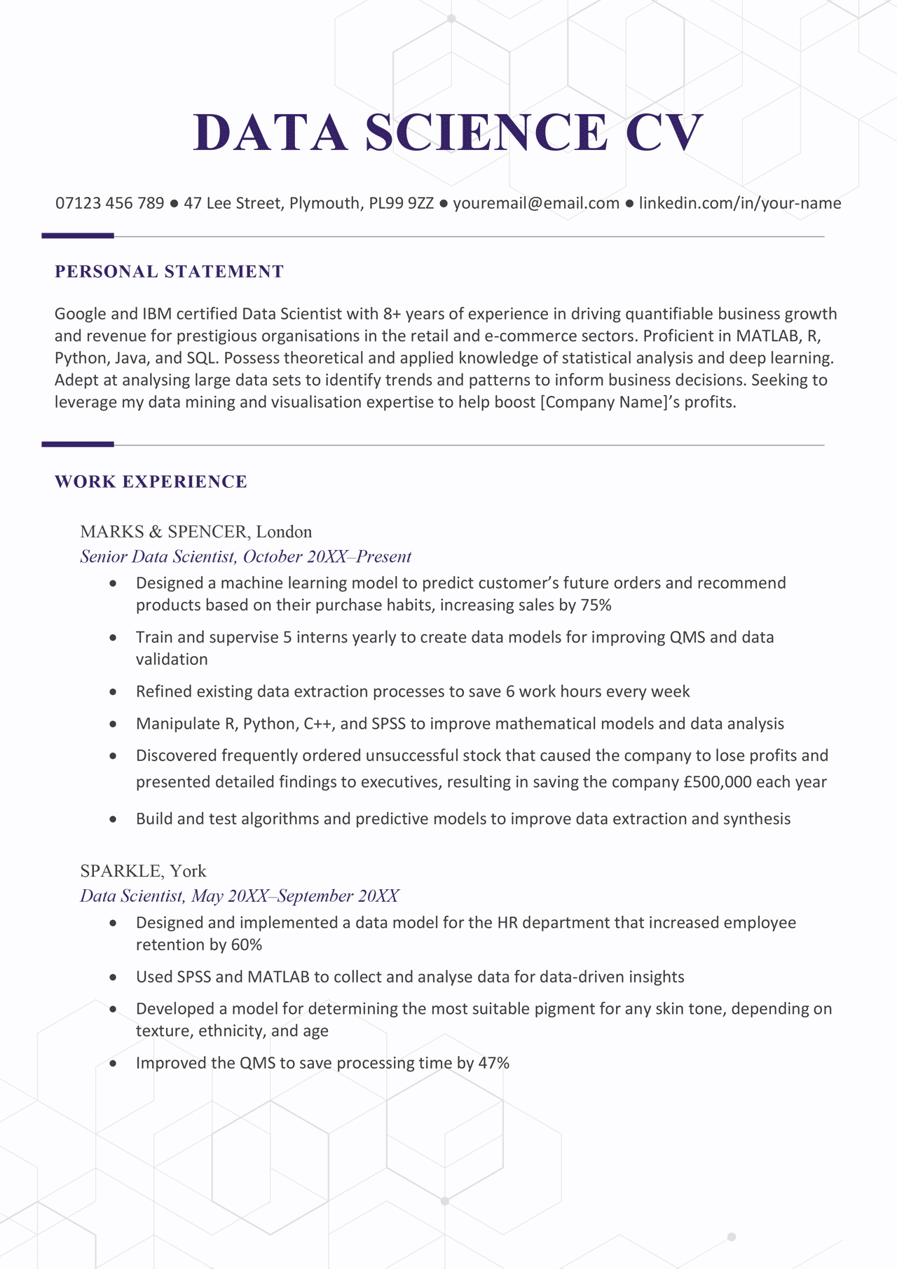Data science cv template example writing tips