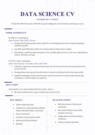 The first page of a data science CV example with subtle geometric designs in the header and footer and sections for the applicant's contact information, personal statement, and work experience.