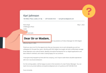 A person's hand holding a cover letter with the greeting dear sir or madam highlighted in black font and outlined with an orange box