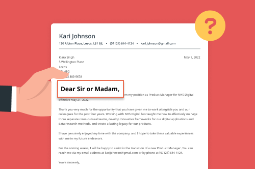 A person's hand holding a cover letter with the greeting dear sir or madam highlighted in black font and outlined with an orange box