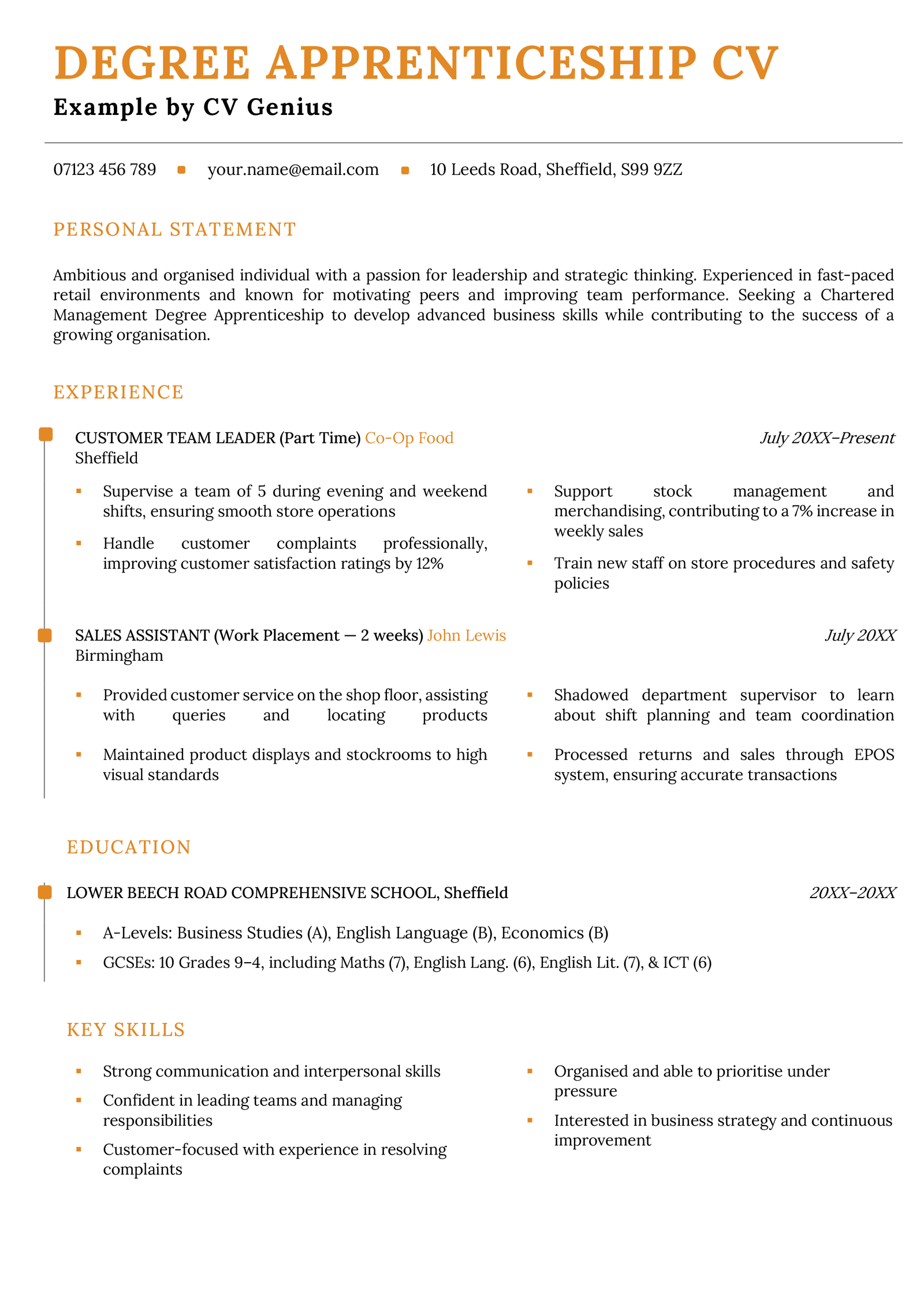 A degree apprenticeship CV example.