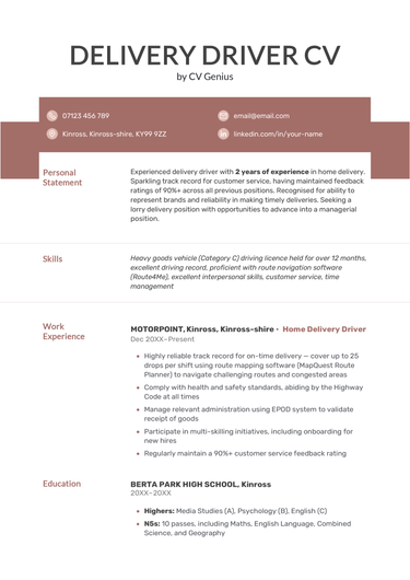 A delivery driver CV on a maroon and black template.