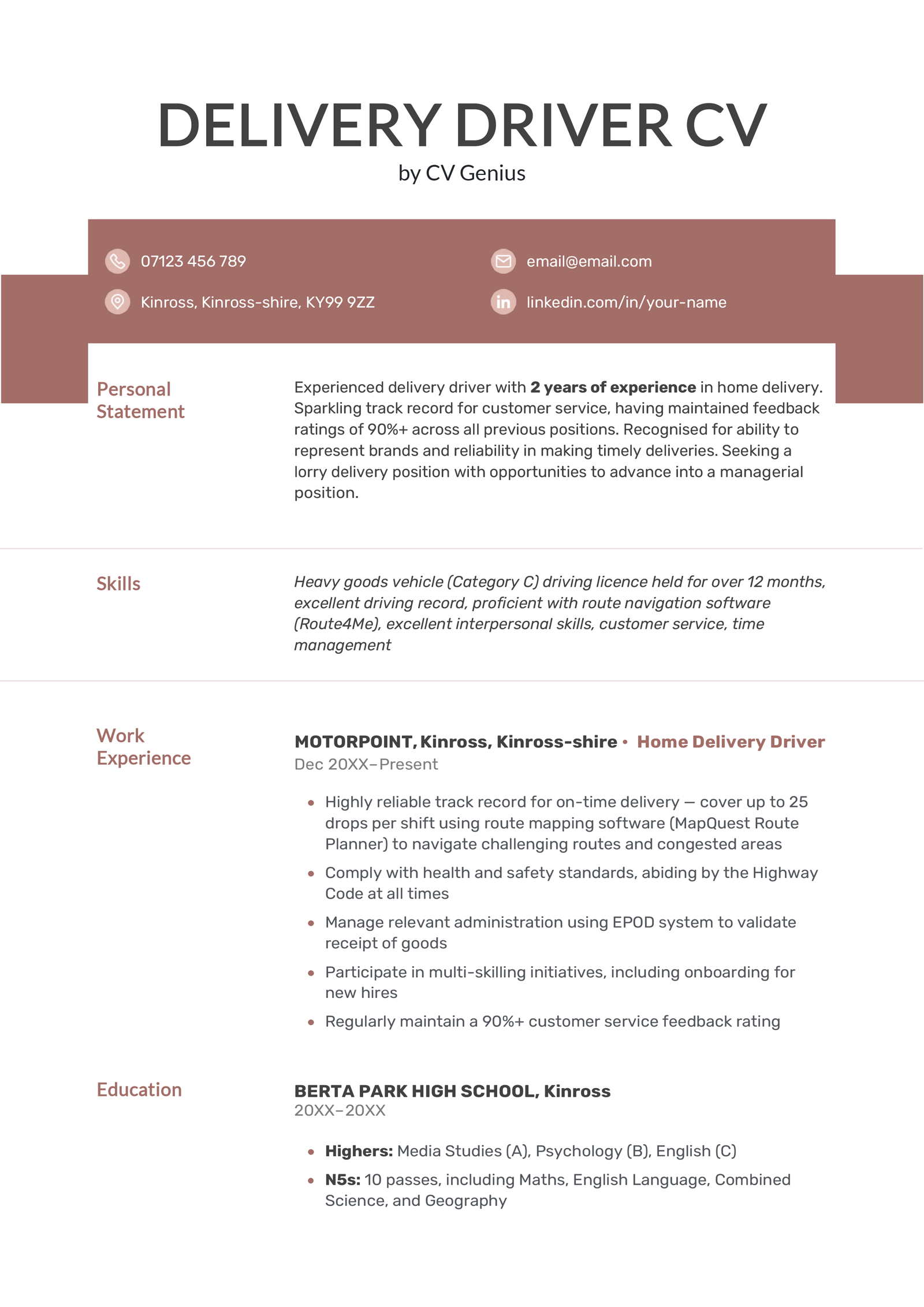 A delivery driver CV on a maroon and black template.