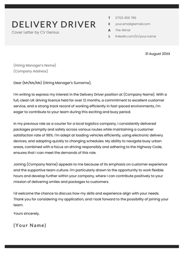A delivery driver cover letter example for UK job seekers.