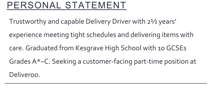 A delivery driver CV personal statement with an underlined section header