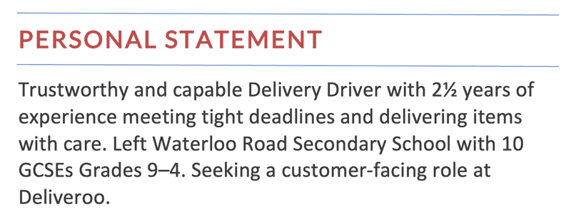 A delivery driver CV personal statement featuring a red section title.