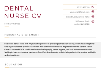 Dental nurse CV example in a burgundy-themed template.